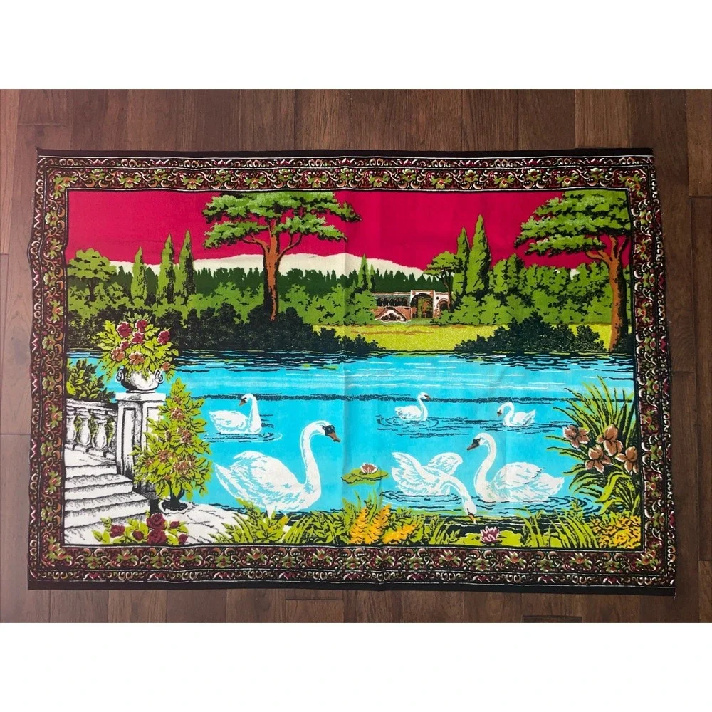 Vintage‎ Turkish Tapestry Swans Italian Pond Scene Colorful Wall Hanging 74
